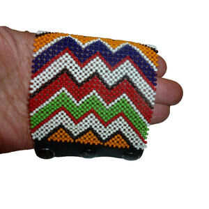 Vintage Hand Woven Wide Seed Bead‎ Bracelet Leather Masai Style